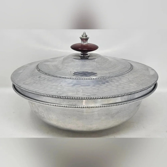 Vintage MCM aluminum Covered Casserole Serving Dish Wood Knob Buenilum Chafing - Picture 1 of 12